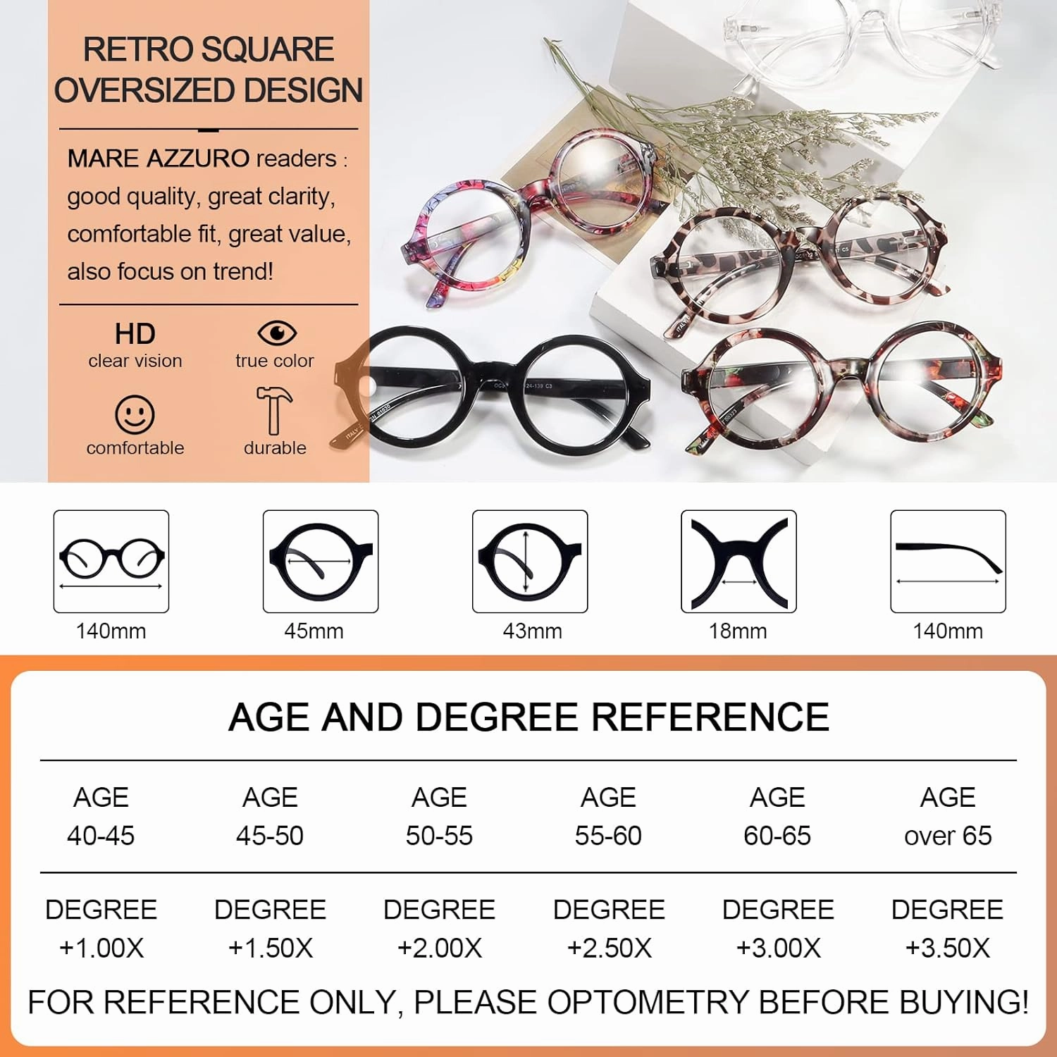 MARE AZZURO 3.50 Reading Glasses Women Trendy Round Readers 0 1.0 1.25 1.5 1.75 2.0 2.25 2.5 2.75 3.0 3.50 4.0 5.0 6.0 (Multicoloured 350)