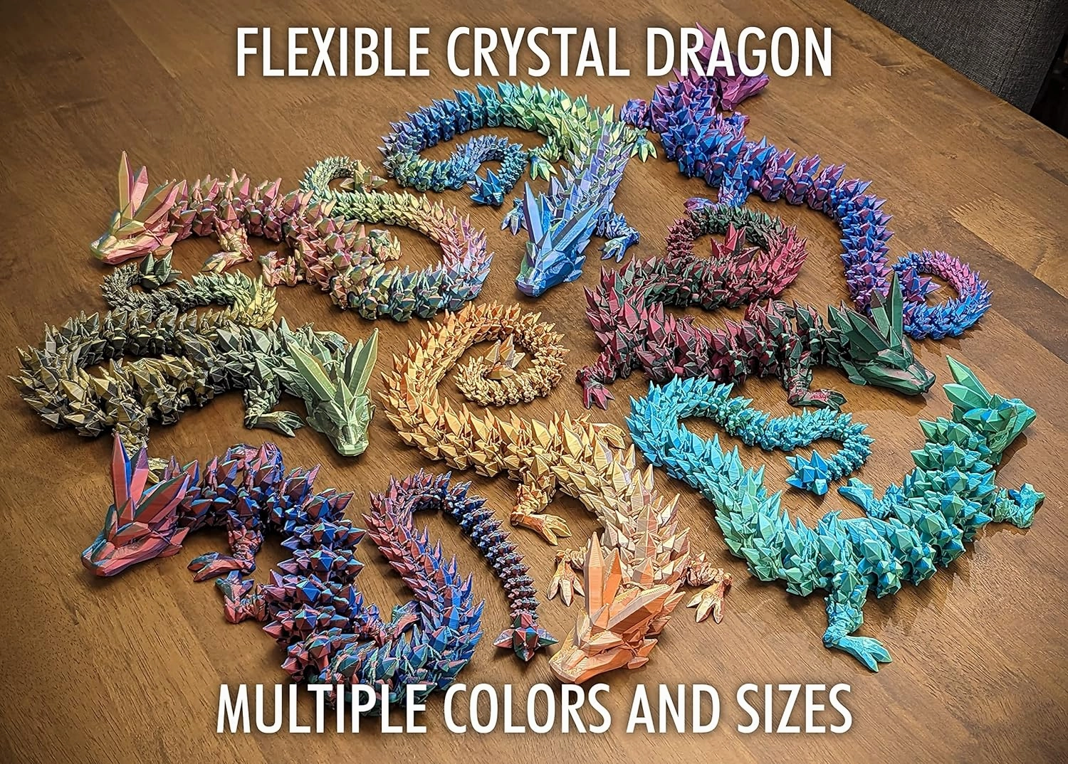Medium 12" Articulated Crystal Dragon - Multi Color 3D Printed Plastic Dragon Figure - Rainbow Pearlescent Colors - Interlocked Body Segments and Legs (Medium 12", Dark Rainbow)