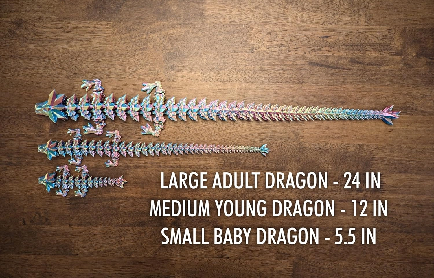 Medium 12" Articulated Crystal Dragon - Multi Color 3D Printed Plastic Dragon Figure - Rainbow Pearlescent Colors - Interlocked Body Segments and Legs (Medium 12", Dark Rainbow)