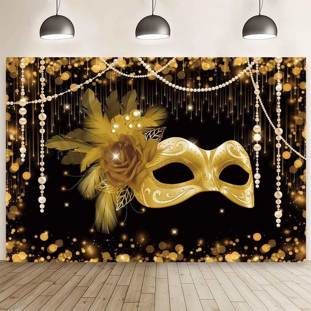 MEHOFOND 7x5ft Masquerade Party Backdrop Black and Gold Mask Photography Background Carnival Masquerade Party Supplies Mascarade Ball Decorations Banner Dress-up Prom Cake Smash Photo Studio Props