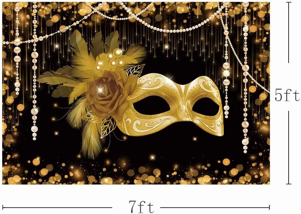 MEHOFOND 7x5ft Masquerade Party Backdrop Black and Gold Mask Photography Background Carnival Masquerade Party Supplies Mascarade Ball Decorations Banner Dress-up Prom Cake Smash Photo Studio Props