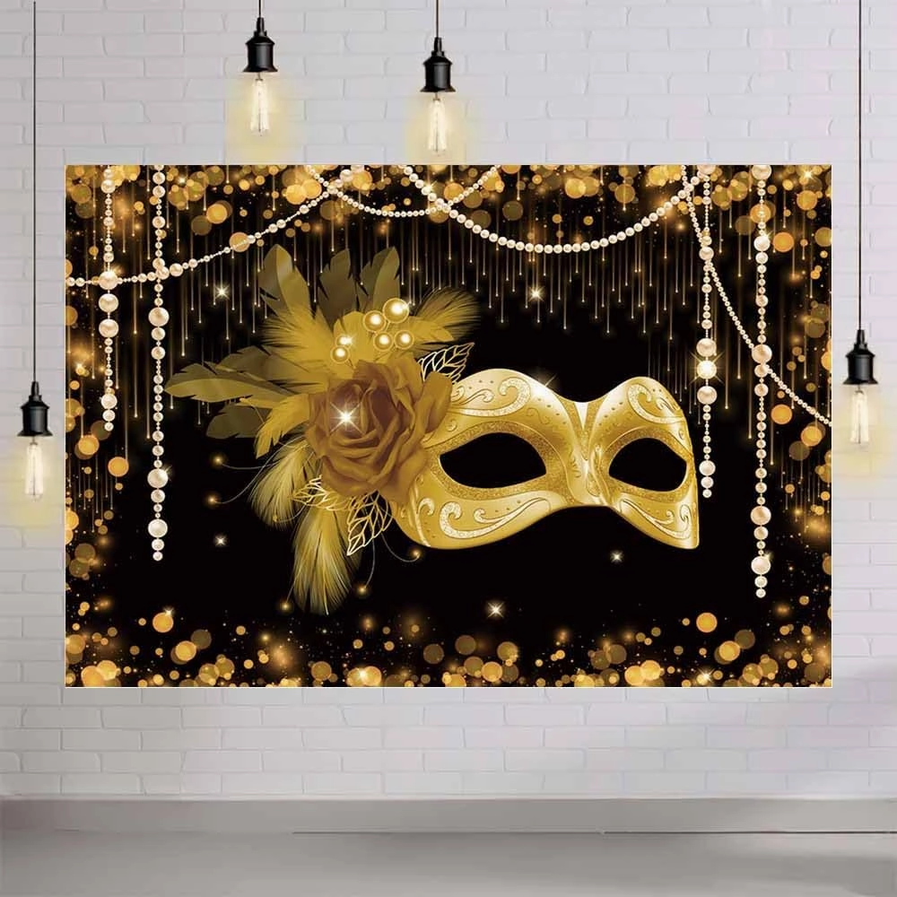MEHOFOND 7x5ft Masquerade Party Backdrop Black and Gold Mask Photography Background Carnival Masquerade Party Supplies Mascarade Ball Decorations Banner Dress-up Prom Cake Smash Photo Studio Props