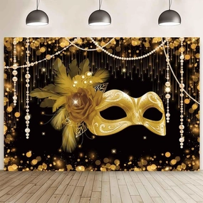 MEHOFOND 7x5ft Masquerade Party Backdrop Black and Gold Mask Photography Background Carnival Masquerade Party Supplies Mascarade Ball Decorations Banner Dress-up Prom Cake Smash Photo Studio Props