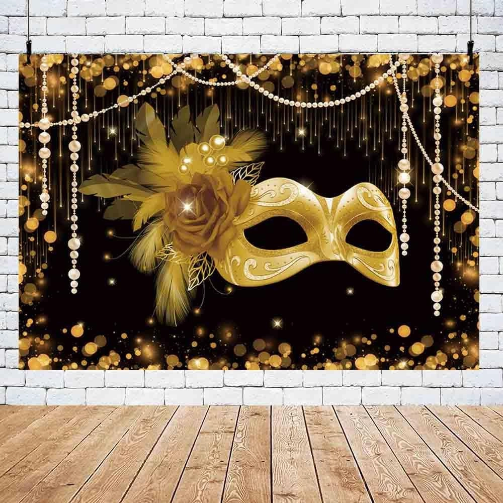 MEHOFOND 7x5ft Masquerade Party Backdrop Black and Gold Mask Photography Background Carnival Masquerade Party Supplies Mascarade Ball Decorations Banner Dress-up Prom Cake Smash Photo Studio Props