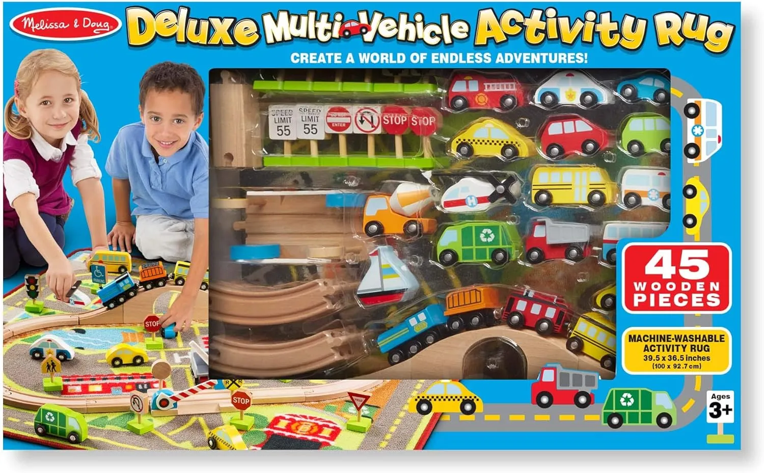 Melissa & Doug Deluxe Multi-Vehicle Activity Rug (39.5" x 36.5") - 19 Vehicles, 12 Wooden Signs, Train Tracks