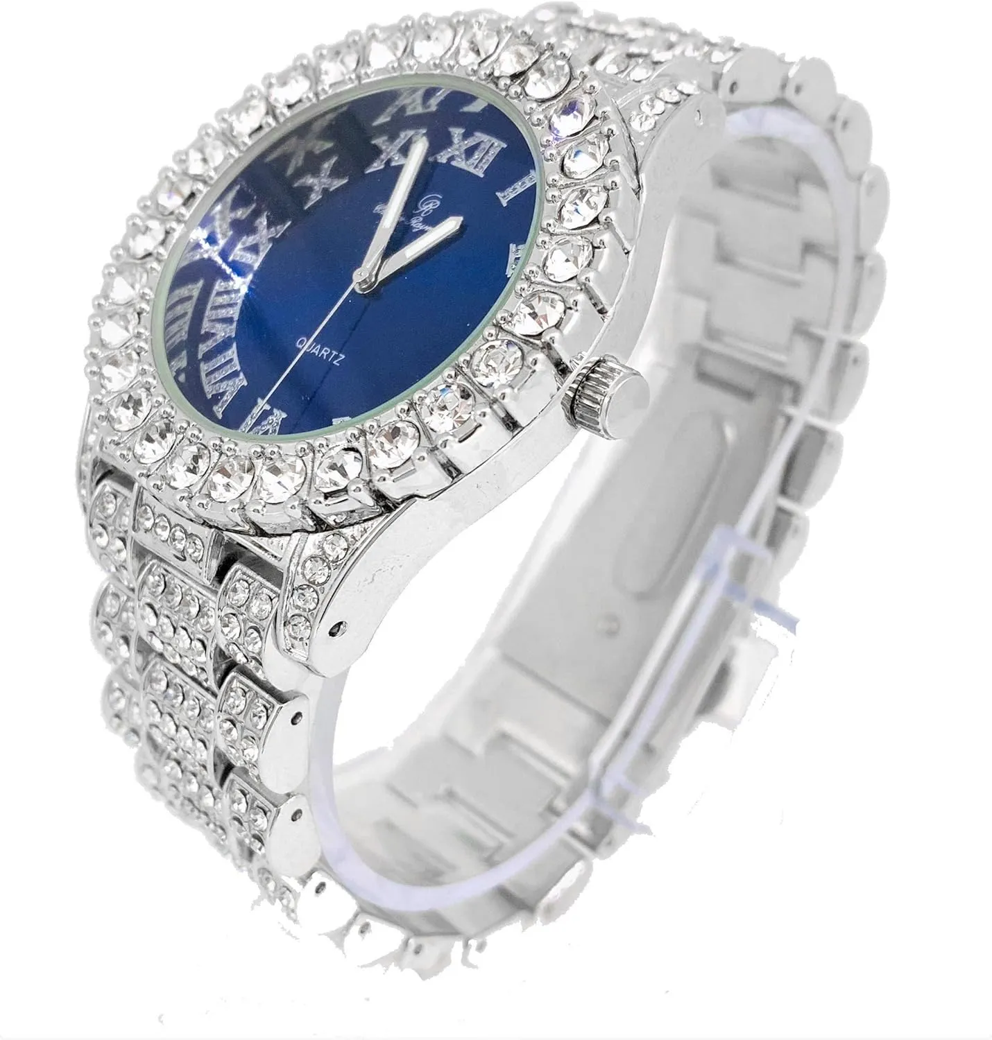Mens Big Rocks Bezel - Dial with Roman Numerals Fully Iced Out Watch w/Cuban Chain Bracelet & Ring - ST10327 3pc Set