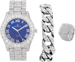Mens Big Rocks Bezel - Dial with Roman Numerals Fully Iced Out Watch w/Cuban Chain Bracelet & Ring - ST10327 3pc Set