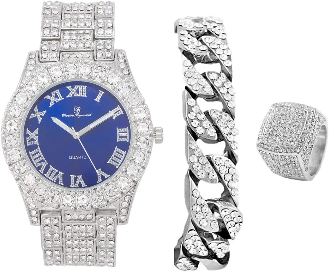 Mens Big Rocks Bezel - Dial with Roman Numerals Fully Iced Out Watch w/Cuban Chain Bracelet & Ring - ST10327 3pc Set