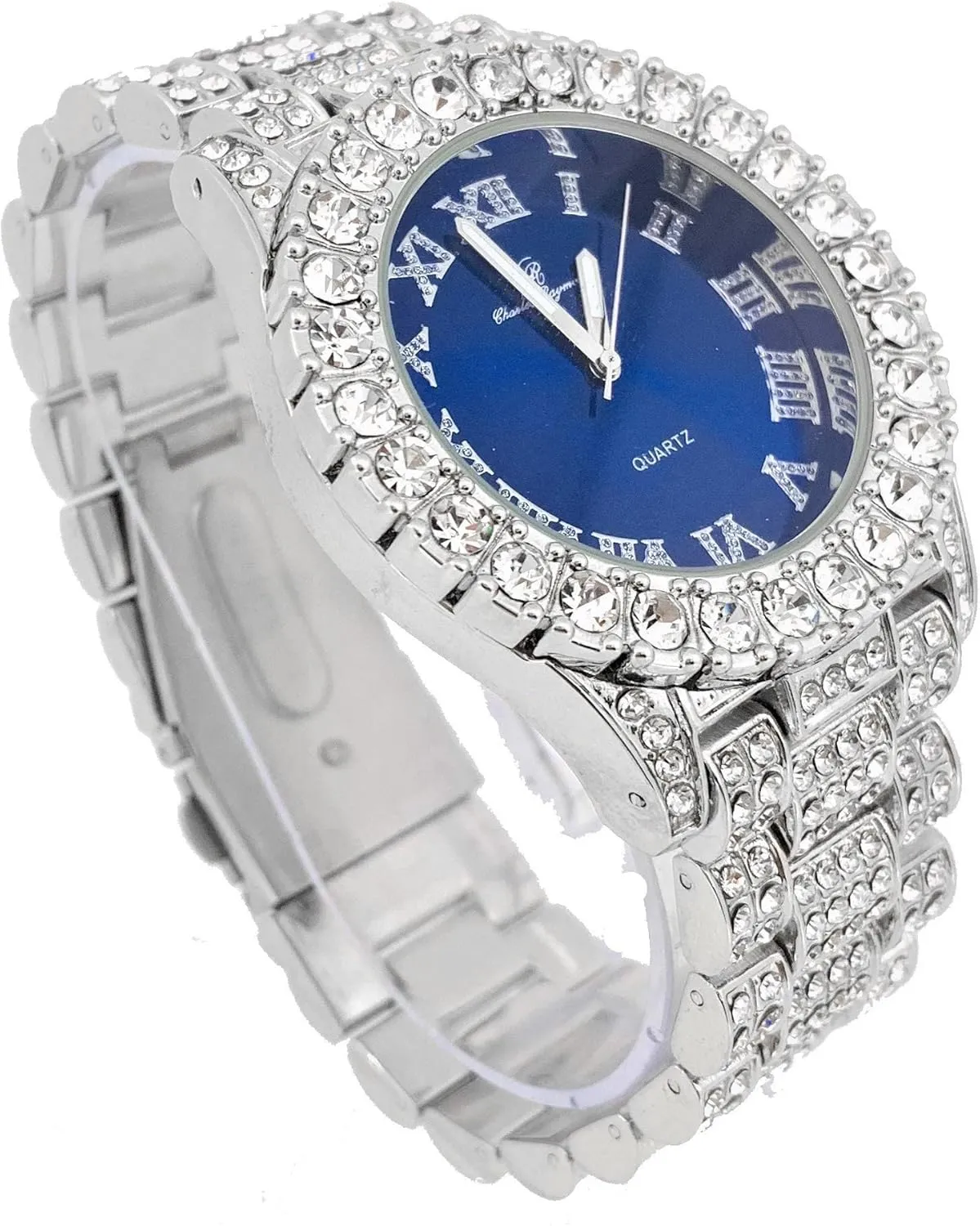 Mens Big Rocks Bezel - Dial with Roman Numerals Fully Iced Out Watch w/Cuban Chain Bracelet & Ring - ST10327 3pc Set