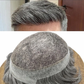 Mens Toupee Human Hair Natural Hairline Hair Replacement System For Men Hair Piece Soft Lace Toupee For Men Hairpieces 7X9#1B60#1B Off Black 60% Grey 100% density