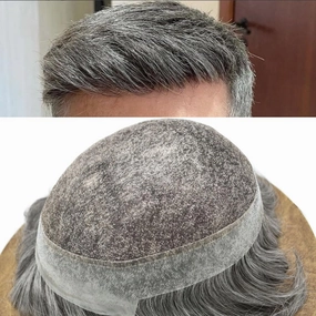 Mens Toupee Human Hair Natural Hairline Hair Replacement System For Men Hair Piece Soft Lace Toupee For Men Hairpieces 7X9#1B60#1B Off Black 60% Grey 120% density