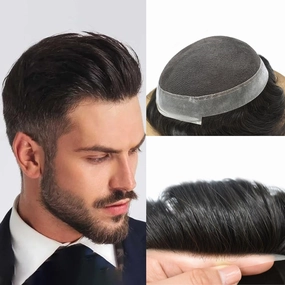 Mens Toupee Human Hair Natural Hairline Hair Replacement System For Men Hair Piece Soft Lace Toupee For Men Hairpieces 7X9#1B Off Black 110% density