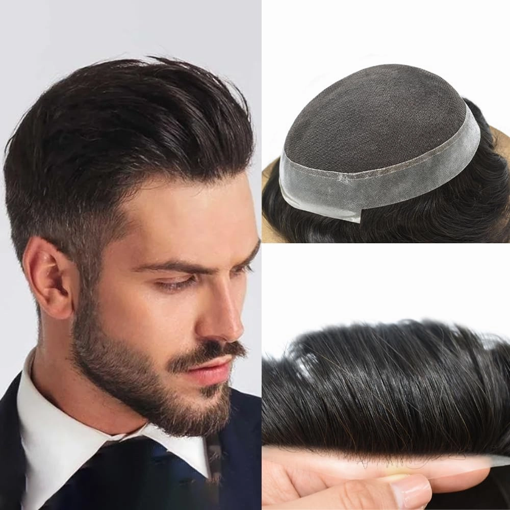 Mens Toupee Human Hair Natural Hairline Hair Replacement System For Men Hair Piece Soft Lace Toupee For Men Hairpieces 7X9#2 Darkest Brown 100% density