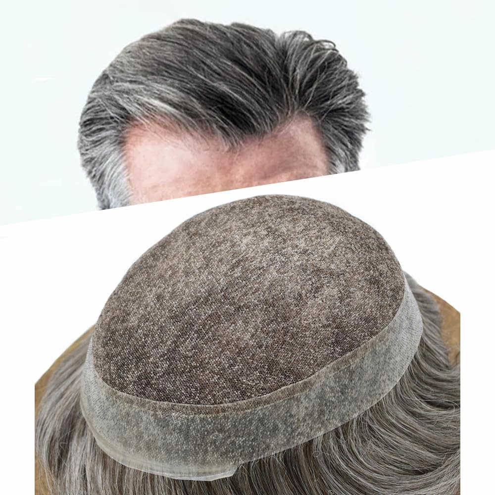 Mens Toupee Human Hair Natural Hairline Hair Replacement System For Men Hair Piece Soft Lace Toupee For Men Hairpieces 7X9#350#3 Dark Brown 50% Grey 120% density