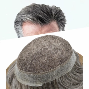 Mens Toupee Human Hair Natural Hairline Hair Replacement System For Men Hair Piece Soft Lace Toupee For Men Hairpieces 7X9#350#3 Dark Brown 50% Grey 120% density
