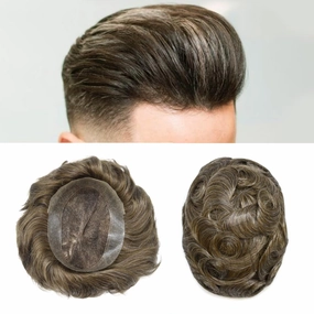 Mens Toupee Human Hair Natural Hairline Hair Replacement System For Men Hair Piece Soft Lace Toupee For Men Hairpieces 7X9#630#6 Light Brown 30% Grey 120% density