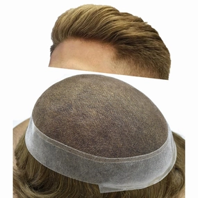 Mens Toupee Human Hair Natural Hairline Hair Replacement System For Men Hair Piece Soft Lace Toupee For Men Hairpieces 7X9#7 Very Light Brown 120% density