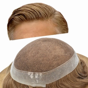Mens Toupee Human Hair Natural Hairline Hair Replacement System For Men Hair Piece Soft Lace Toupee For Men Hairpieces 8X10#17R Brown/Blonde Mix Warm Tone 120% density