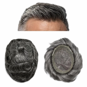 Mens Toupee Human Hair Natural Hairline Hair Replacement System For Men Hair Piece Soft Lace Toupee For Men Hairpieces 8X10#1B50#1B Off Black 50% Grey 100% density