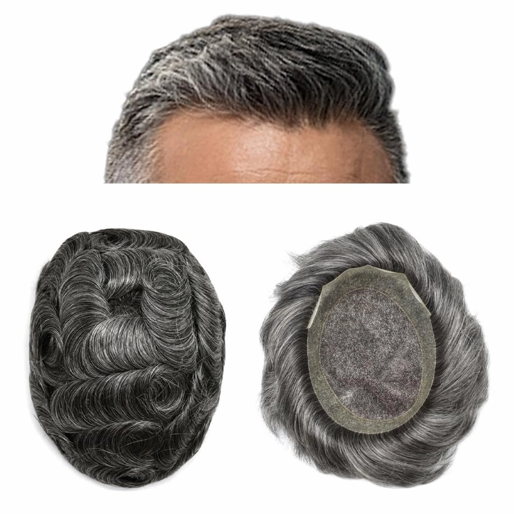 Mens Toupee Human Hair Natural Hairline Hair Replacement System For Men Hair Piece Soft Lace Toupee For Men Hairpieces 8X10#1B50#1B Off Black 50% Grey 100% density