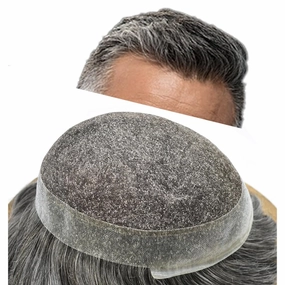 Mens Toupee Human Hair Natural Hairline Hair Replacement System For Men Hair Piece Soft Lace Toupee For Men Hairpieces 8X10#1B50#1B Off Black 50% Grey 120% density
