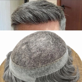 Mens Toupee Human Hair Natural Hairline Hair Replacement System For Men Hair Piece Soft Lace Toupee For Men Hairpieces 8X10#1B65#1B Off Black 65% Grey 120% density