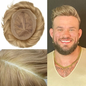 Mens Toupee Human Hair Natural Hairline Hair Replacement System For Men Hair Piece Soft Lace Toupee For Men Hairpieces 8X10#20 Light Ash Blonde 120% density