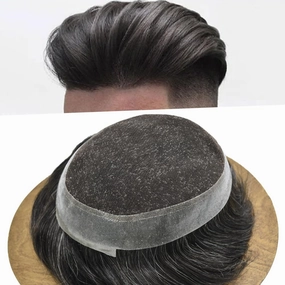 Mens Toupee Human Hair Natural Hairline Hair Replacement System For Men Hair Piece Soft Lace Toupee For Men Hairpieces 8X10#210#2 Darkest Brown 10% Grey 120% density