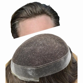 Mens Toupee Human Hair Natural Hairline Hair Replacement System For Men Hair Piece Soft Lace Toupee For Men Hairpieces 8X10#310#3 Dark Brown 10% Grey 120% density