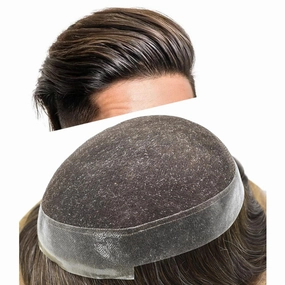 Mens Toupee Human Hair Natural Hairline Hair Replacement System For Men Hair Piece Soft Lace Toupee For Men Hairpieces 8X10#320#3 Dark Brown 20% Grey 120% density