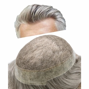 Mens Toupee Human Hair Natural Hairline Hair Replacement System For Men Hair Piece Soft Lace Toupee For Men Hairpieces 8X10#380#3 Dark Brown 80% Grey 120% density