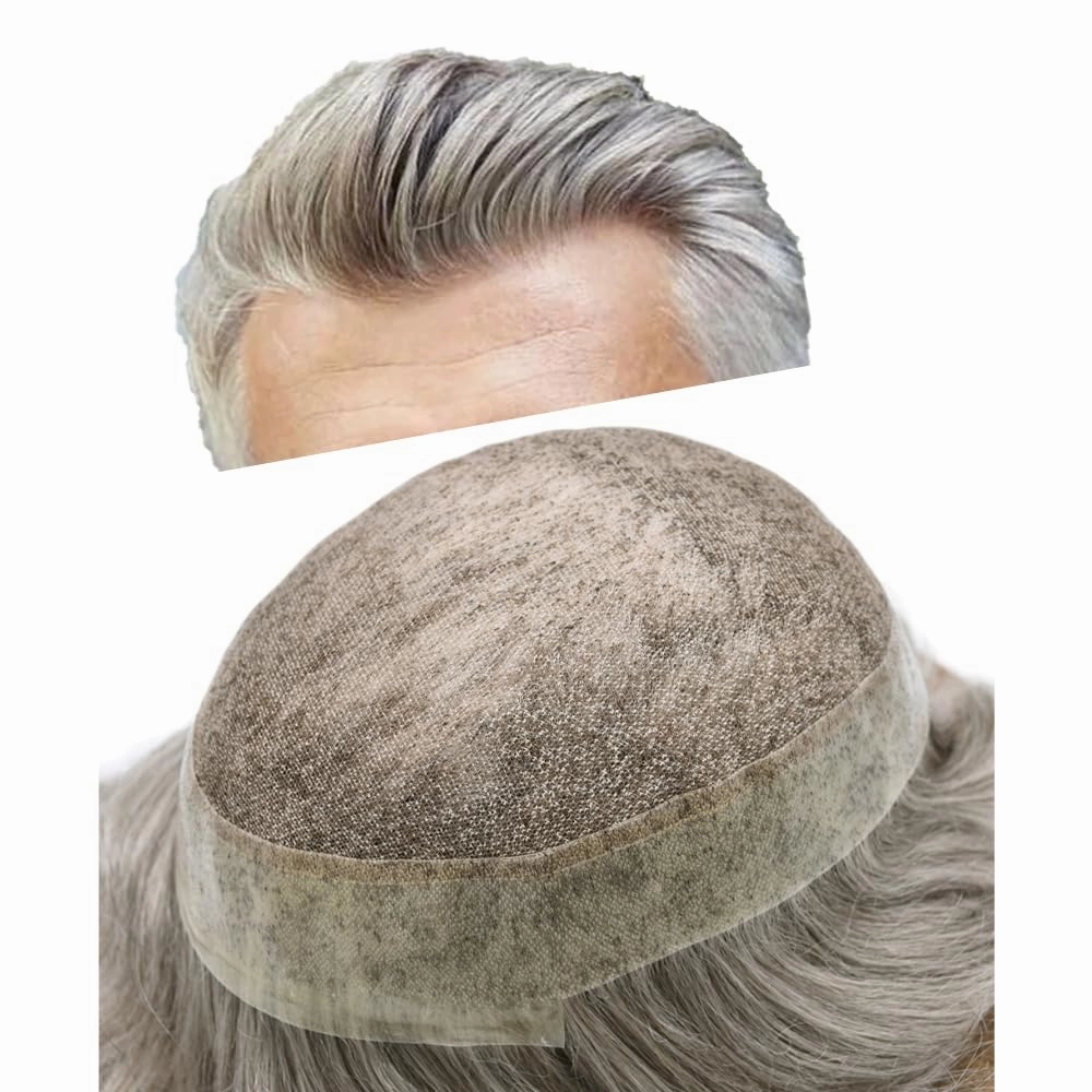 Mens Toupee Human Hair Natural Hairline Hair Replacement System For Men Hair Piece Soft Lace Toupee For Men Hairpieces 8X10#380#3 Dark Brown 80% Grey 120% density