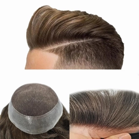 Mens Toupee Human Hair Natural Hairline Hair Replacement System For Men Hair Piece Soft Lace Toupee For Men Hairpieces 8X10#410#4 Medium Brown 10% Grey 120% density