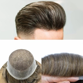 Mens Toupee Human Hair Natural Hairline Hair Replacement System For Men Hair Piece Soft Lace Toupee For Men Hairpieces 8X10#430#4 Medium Brown 30% Grey 120% density