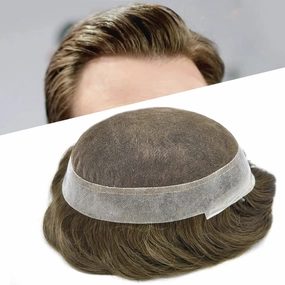 Mens Toupee Human Hair Natural Hairline Hair Replacement System For Men Hair Piece Soft Lace Toupee For Men Hairpieces 8X10#4 Medium Brown 110% density