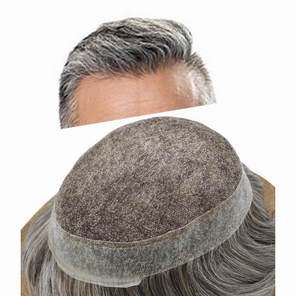 Mens Toupee Human Hair Natural Hairline Hair Replacement System For Men Hair Piece Soft Lace Toupee For Men Hairpieces 8X10#560#5 Medium Light Brown 60% Grey 120% density