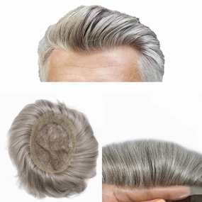 Mens Toupee Human Hair Natural Hairline Hair Replacement System For Men Hair Piece Soft Lace Toupee For Men Hairpieces 8X10#60RY AlI Gray 110% density