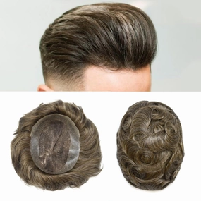 Mens Toupee Human Hair Natural Hairline Hair Replacement System For Men Hair Piece Soft Lace Toupee For Men Hairpieces 8X10#620#6 Light Brown 20% Grey 120% density