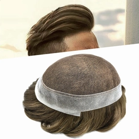 Mens Toupee Human Hair Natural Hairline Hair Replacement System For Men Hair Piece Soft Lace Toupee For Men Hairpieces 8X10#6 Light Brown 120% density