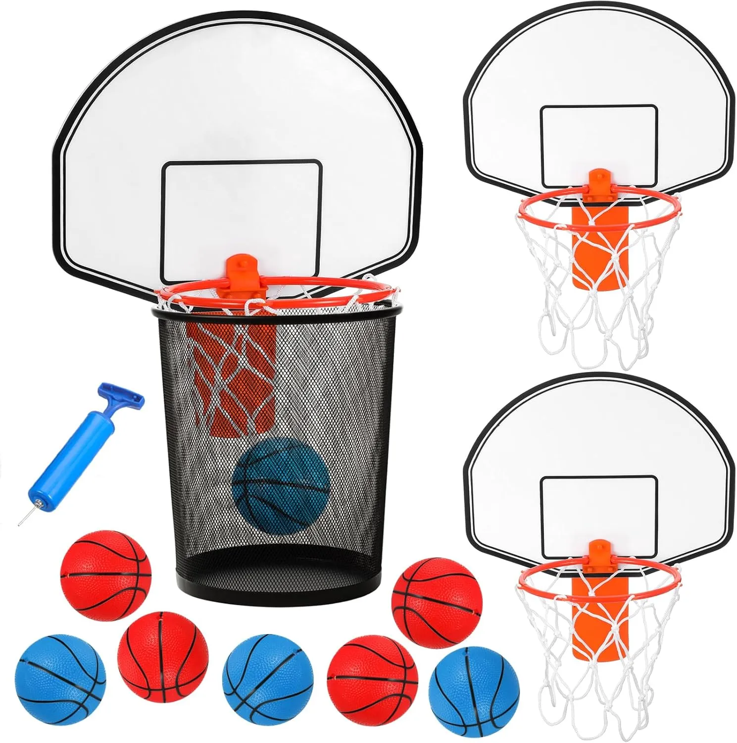 Meooeck 19 Pcs Trash Can Basketball Set Including 2 Clip on Hoop with Backboard 16 Mini Red and Blue Inflatable Basketball 1 Air Pump for Adult Boys Home Office Birthday Gift Practice Indoors(Classic)