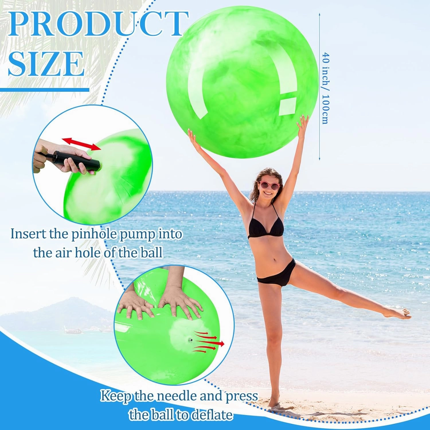 Meooeck 2 Pcs Giant Bouncy Balls Large Rubber Inflatable Marbleized Bouncing Giant Beach Balls for Kids and Adult, Pump Not Included