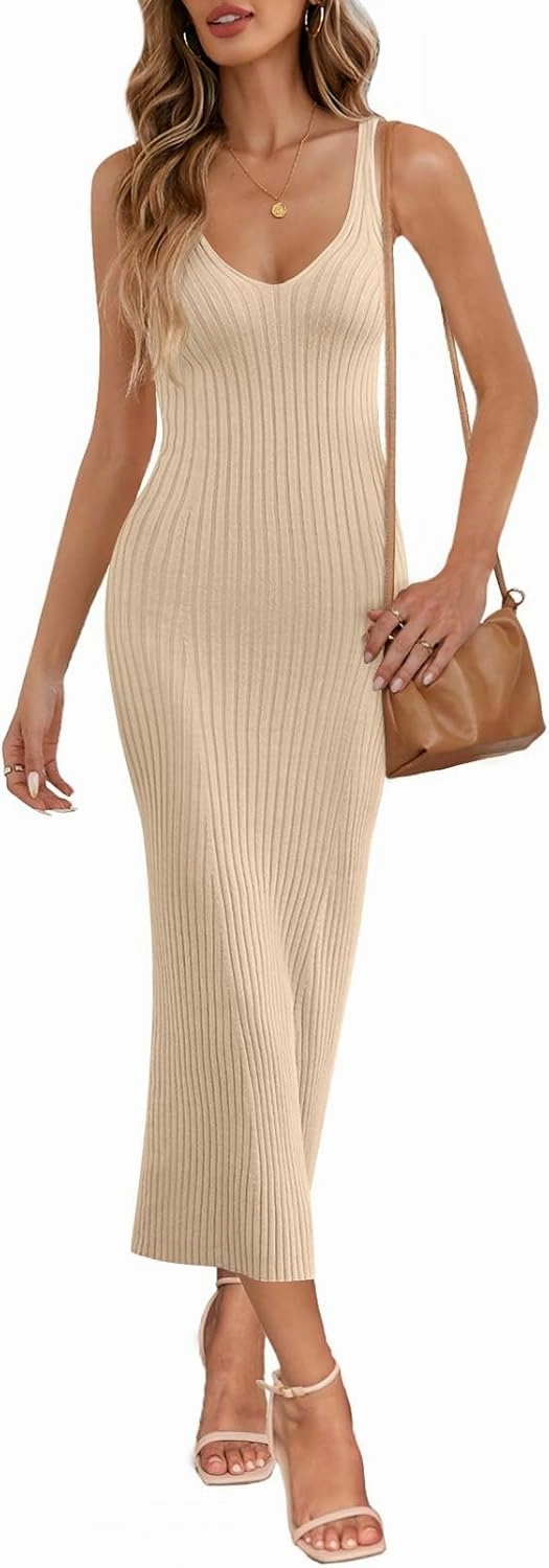 MEROKEETY Womens 2025 Summer Spring V Neck Knit Midi Dress Bodycon Casual Sleeveless Ribbed Sweater Dresses