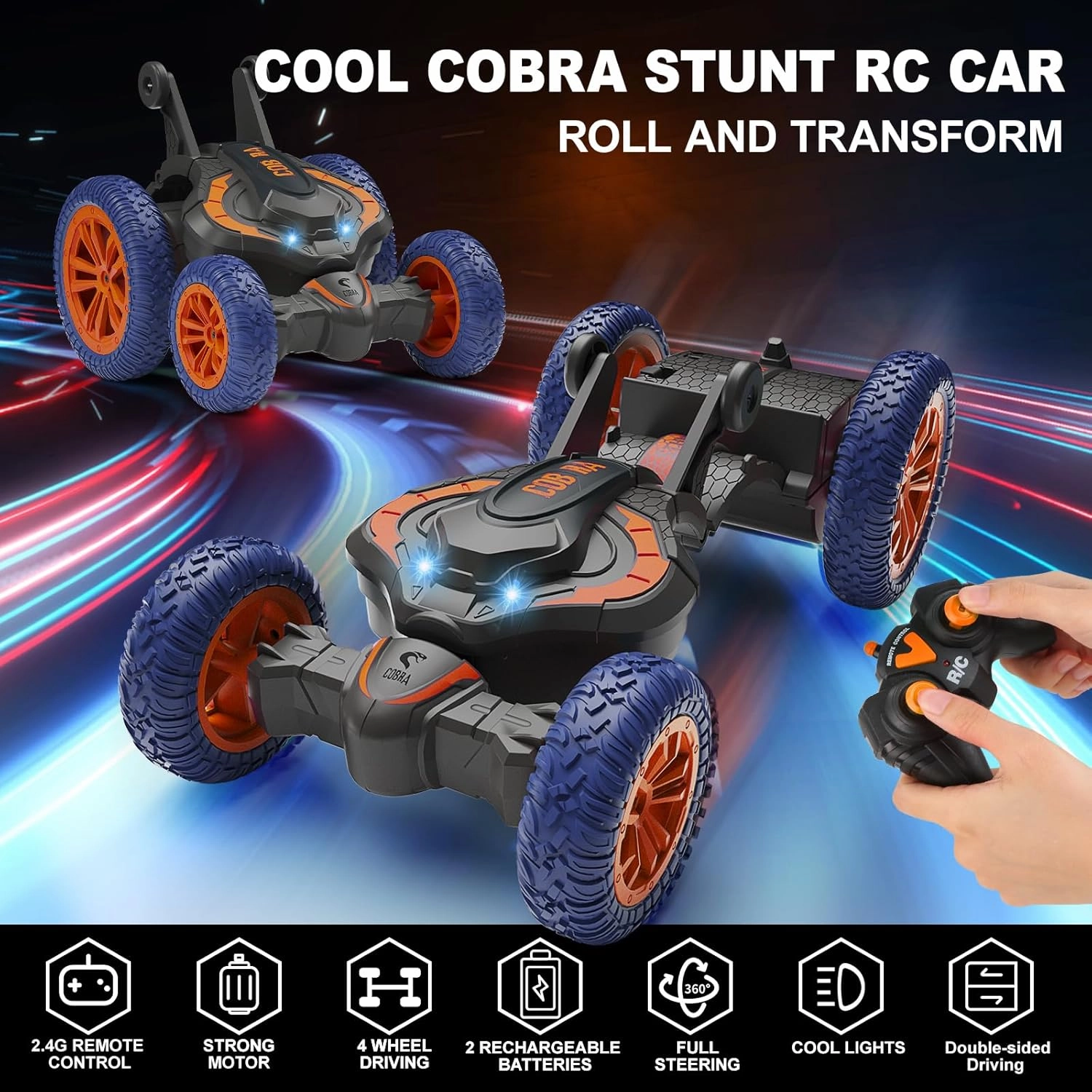 MFTEK Remote Control Car RC Stunt Cars 4WD Toys Birthday Gifts for Kids 6-8-12, Double-Sided Driving 360° Rotate Transform Drift RC Cars with Light (Orange)