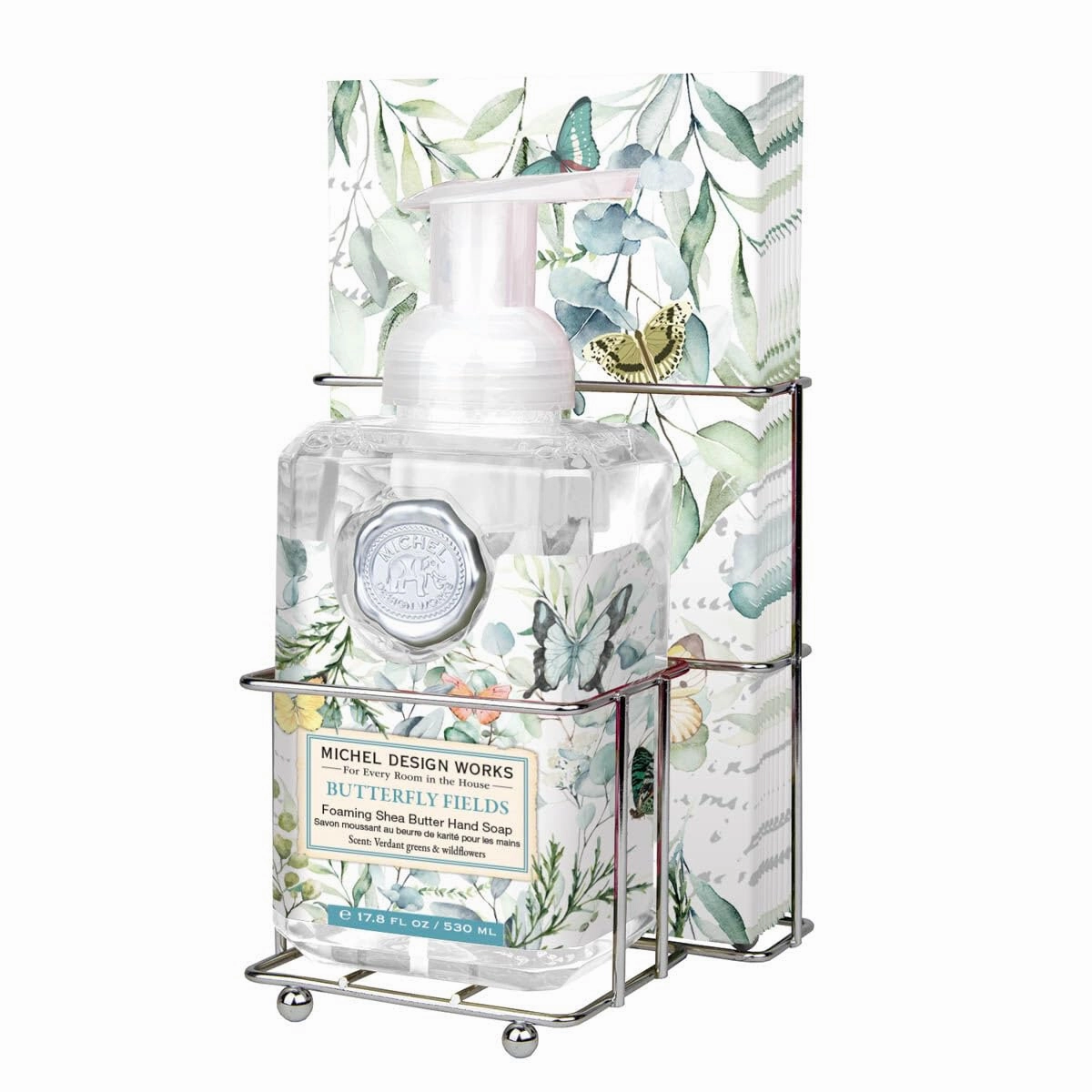 Michel Design Works Foaming Hand Soap & 15-Piece Napkin Set. Butterfly Fields, Beautiful Square Container with Pump