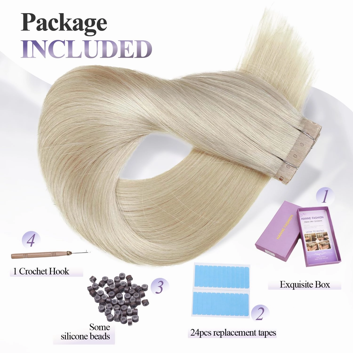 Micro Ring PU Hair Extensions Remy Human Hair Extension with Holes Platinum Blonde Invisible Beaded Weft Hair Extensions Human Hair Tape in wefts Human Hair Extension for Women (35g 4Pcs,16 Inch)