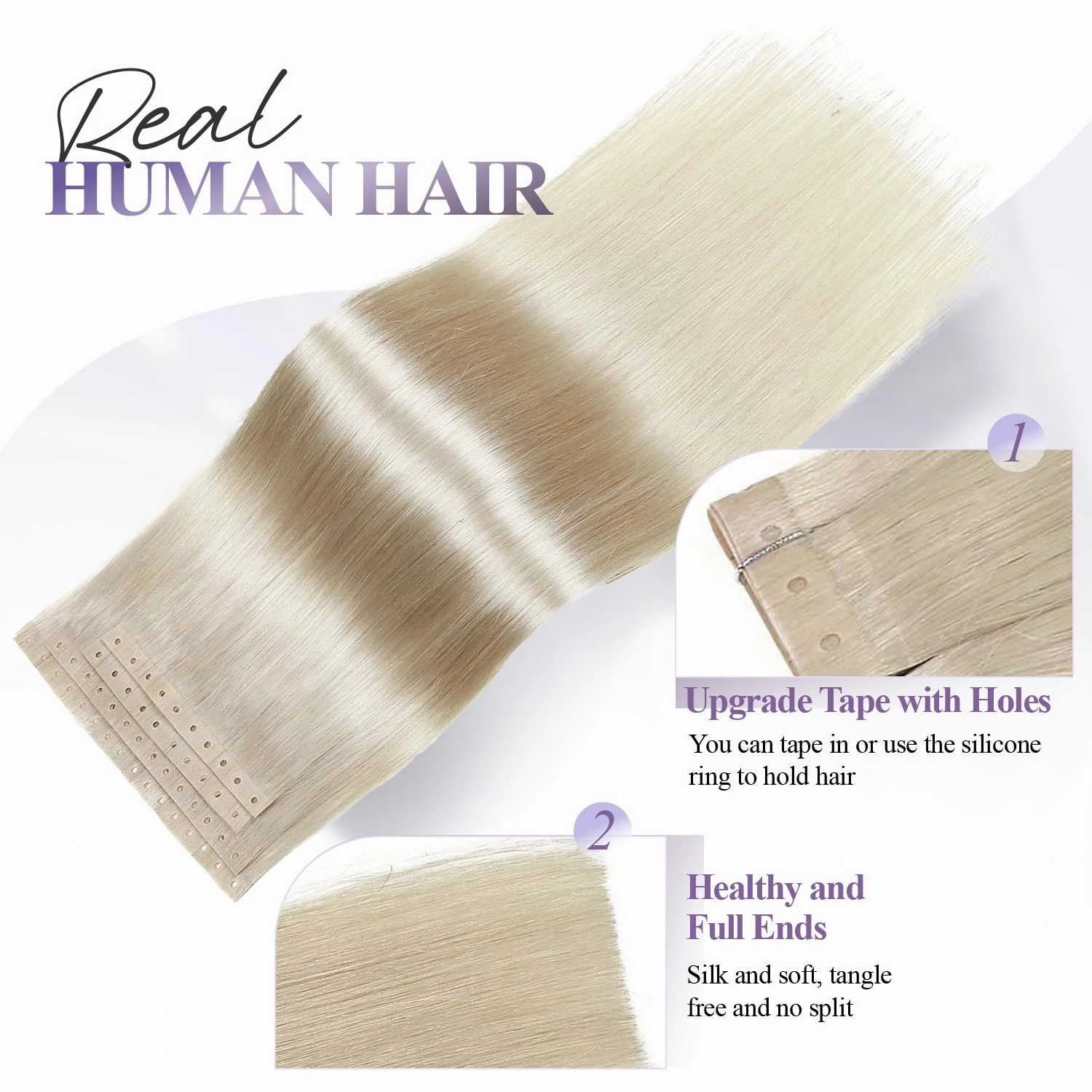 Micro Ring PU Hair Extensions Remy Human Hair Extension with Holes Platinum Blonde Invisible Beaded Weft Hair Extensions Human Hair Tape in wefts Human Hair Extension for Women (35g 4Pcs,16 Inch)