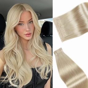 Micro Ring PU Hair Extensions Remy Human Hair Extension with Holes Platinum Blonde Invisible Beaded Weft Hair Extensions Human Hair Tape in wefts Human Hair Extension for Women (35g 4Pcs,16 Inch)