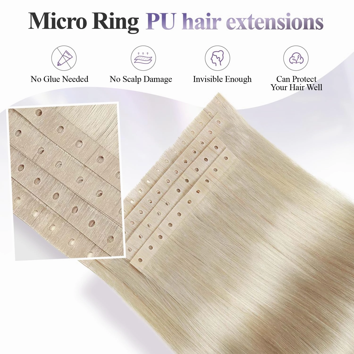 Micro Ring PU Hair Extensions Remy Human Hair Extension with Holes Platinum Blonde Invisible Beaded Weft Hair Extensions Human Hair Tape in wefts Human Hair Extension for Women (35g 4Pcs,16 Inch)
