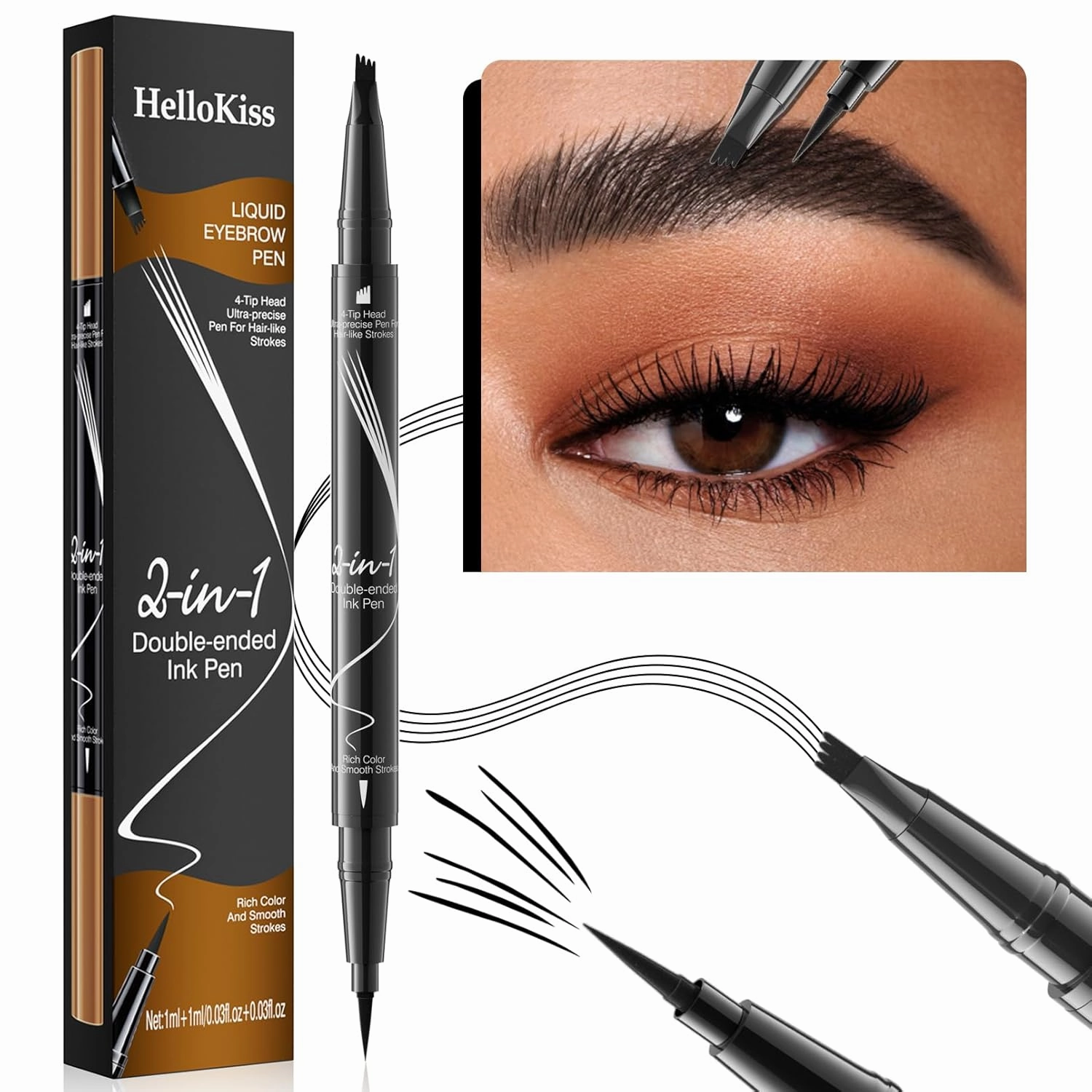 Microblading Eyebrow Pencil, Waterproof Eyebrow Pen, 2-in-1 Dual-Ended Eyebrow Pencil for Women with 4-Fork-Tip & Precise Brush-Tip, Natural Makeup Fine Stroke, Last All-Day (Black)