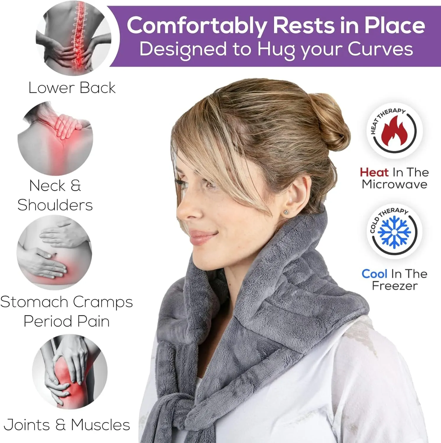 Microwave Heating Pad for Lower Back Pain Relief - Moist Heating Pad for Neck & Shoulders, Cramps, Microwavable Heating Pads 71" Ties, Heat Pack Warm Compress Heat Wrap, Flaxseed Rice Hot Bag (Gray)